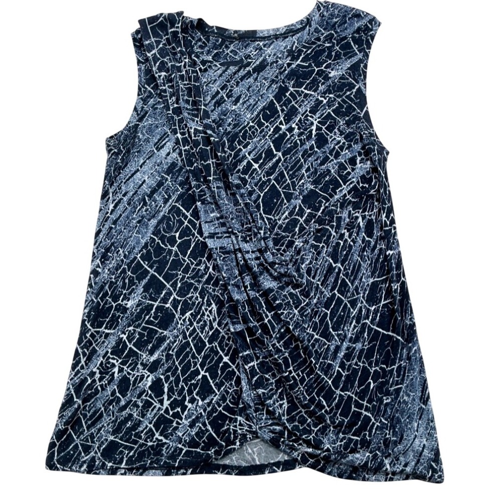 Draped Wrap Sleeveless Top Women Size M Navy White Crackle Modern Soft - Picture 2 of 8